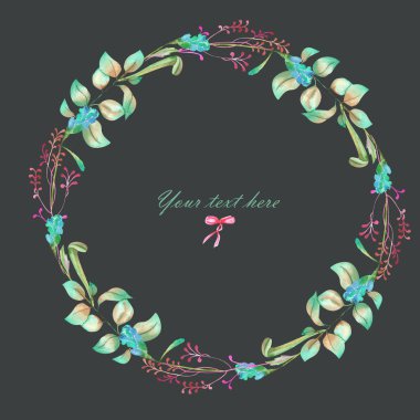 Daire kare, çelenk suluboya çiçek öğeleri