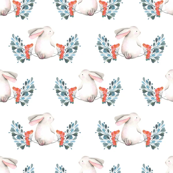 Seamless pattern with watercolor rabbits, green branches and red berries — Stock Photo, Image