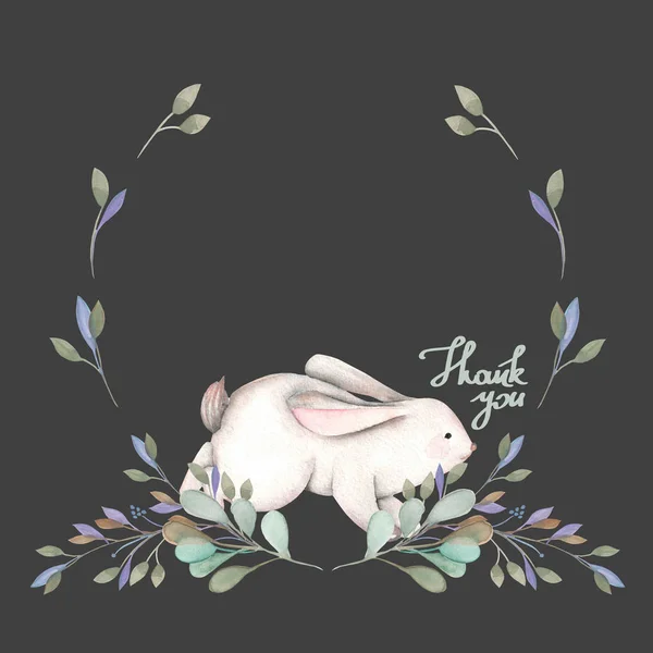 Иллюстрация, венок с акварелью кролика и зеленые ветви — стоковое фото