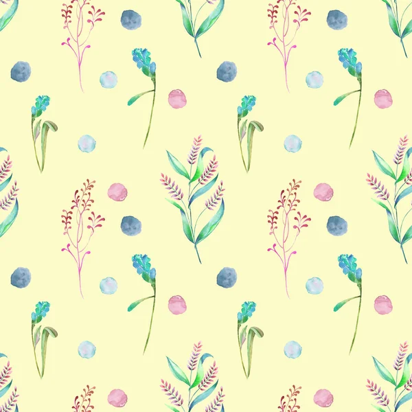 Seamless floral pattern with forest floral elements and watercolor spots