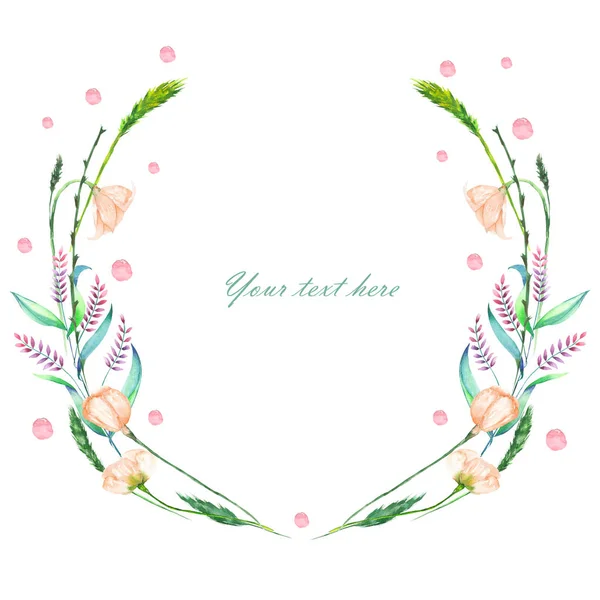 Cirkelframe, krans van roze wilde bloemen en groene spikes — Stockfoto