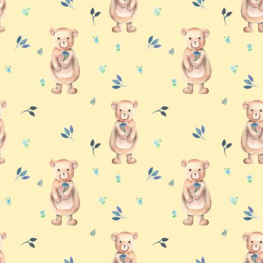 Seamless pattern with bear toys and floral ornament clipart