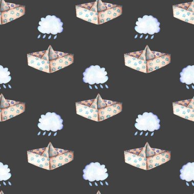Kağıt tekne ve yağmur bulutları ile Seamless Modeli
