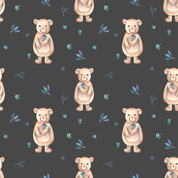 Seamless pattern with bear toys and floral ornament — Stock Photo, Image