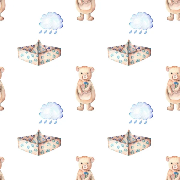Patrón sin costuras con barcos de papel, nubes de lluvia y lindo juguete de oso — Foto de Stock