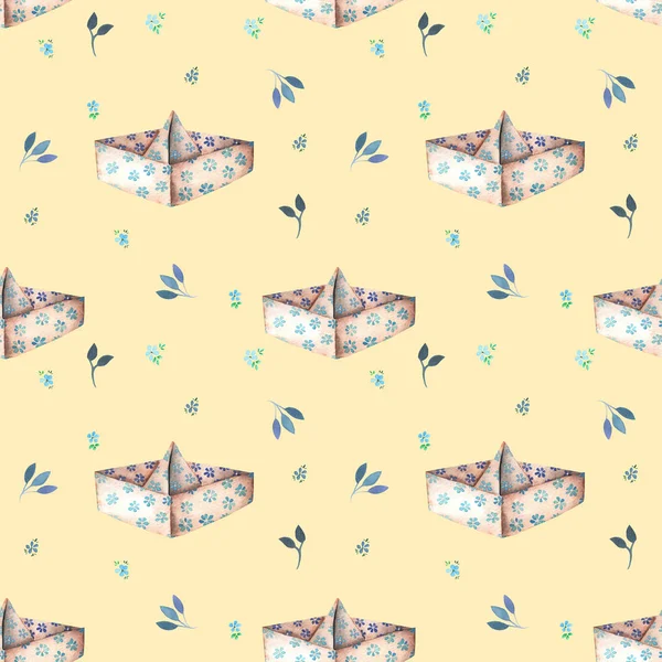 Nahtloses Muster mit Papierbooten und floralen Ornamenten — Stockfoto