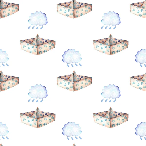 Seamless pattern with paper boats and rain clouds — Stock Photo, Image