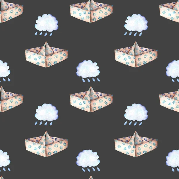 Seamless pattern with paper boats and rain clouds