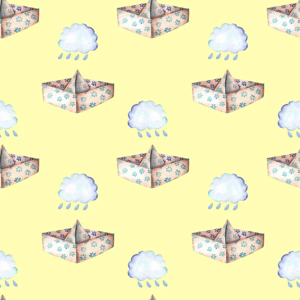 Wzór z papieru łodzie i chmury deszcz — Zdjęcie stockowe