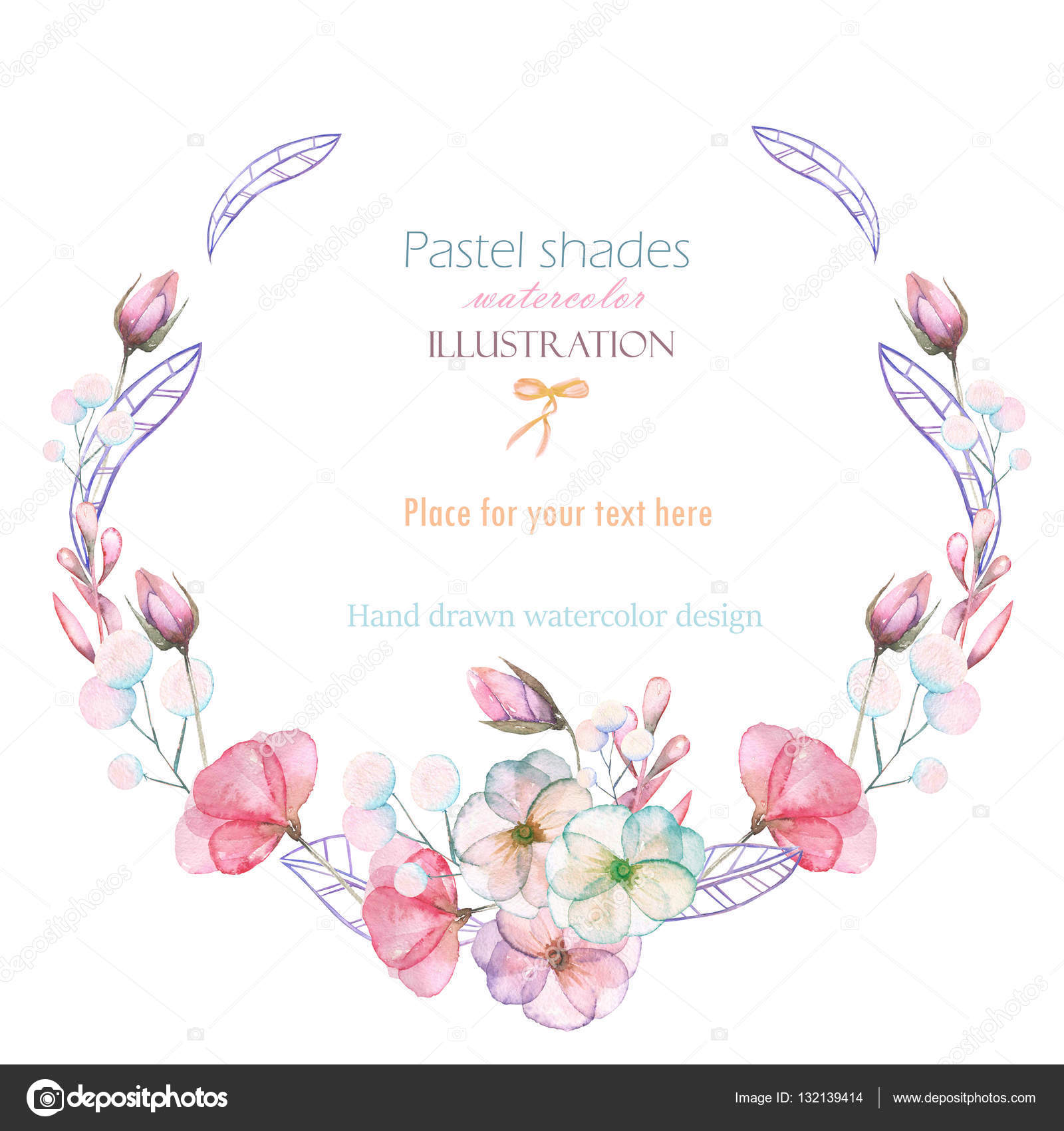 Circle frame, border, wreath with watercolor tender flowers and leaves