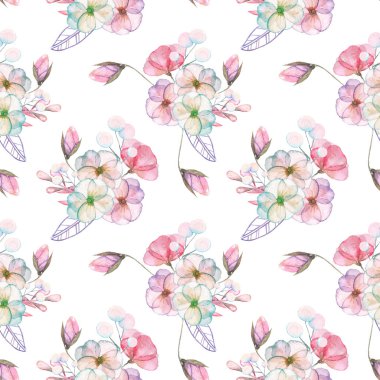 İhale çiçek ve yaprakları pembe ve mor pastel tonları içinde izole suluboya çiçek buketleri ile Seamless Modeli