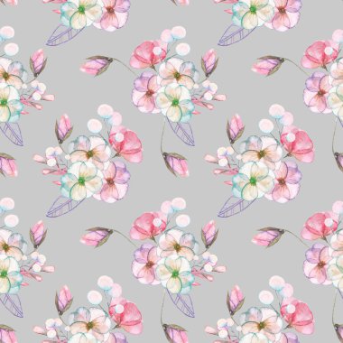 İhale çiçek ve yaprakları pembe ve mor pastel tonları içinde izole suluboya çiçek buketleri ile Seamless Modeli