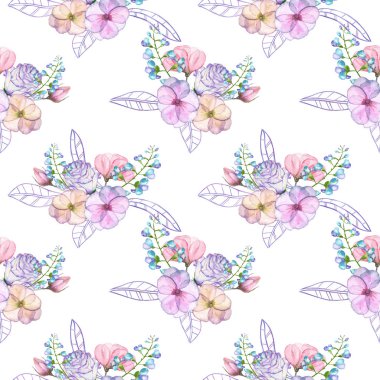 İhale çiçek ve yaprakları pembe ve mor pastel tonları içinde izole suluboya çiçek buketleri ile Seamless Modeli