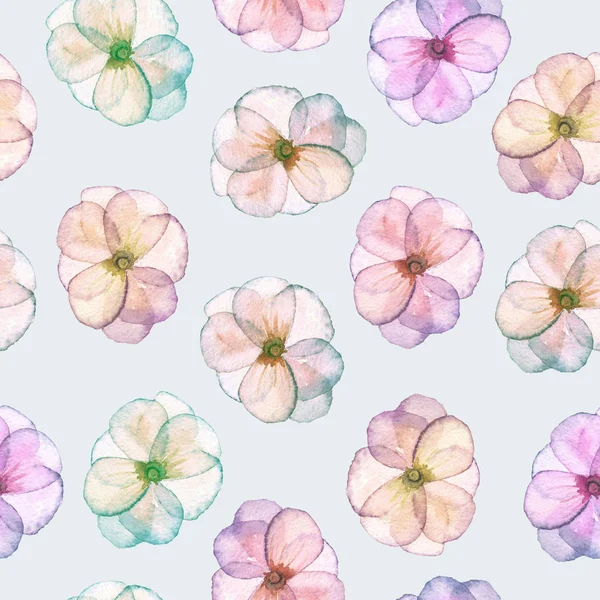Seamless pattern with watercolor tender flowers in pink and purple pastel shades — Stock Photo, Image
