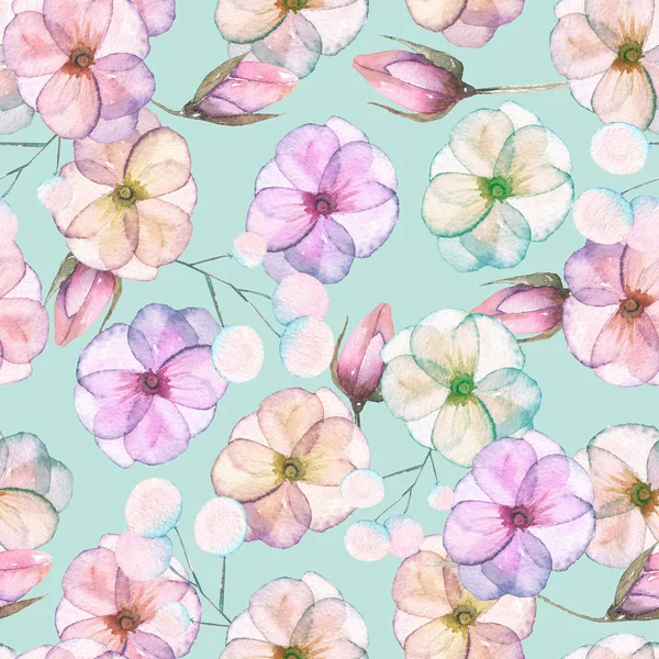 Seamless pattern with watercolor tender flowers in pink and purple pastel shades — Stock Photo, Image