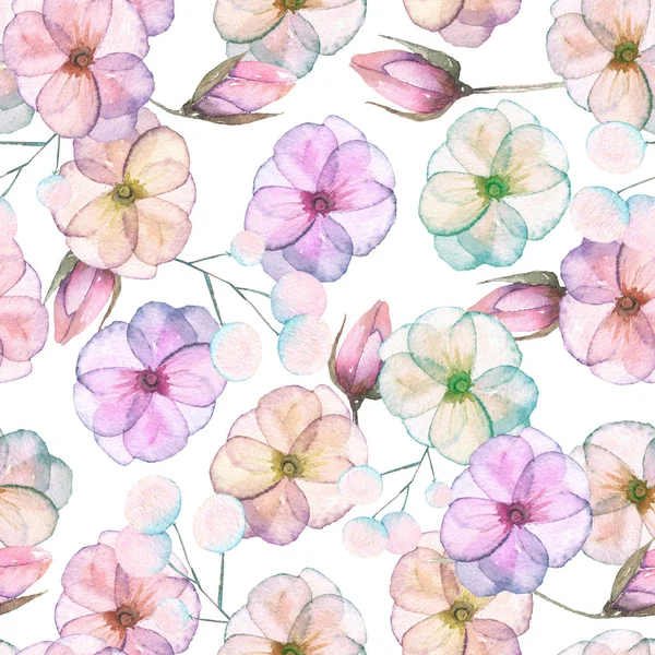 Patrón sin costuras con flores tiernas acuarela en tonos pastel rosa y púrpura — Foto de Stock