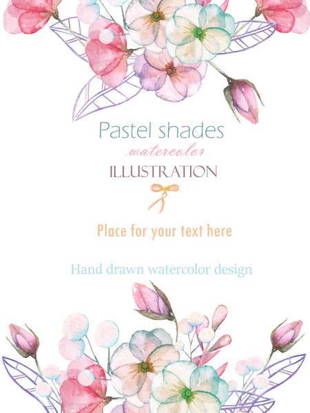 Plantilla postal con flores tiernas acuarela y hojas en tonos pastel, dibujado a mano sobre un fondo blanco — Foto de Stock
