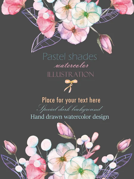 Template postcard with with watercolor tender flowers and leaves in pastel shades, hand drawn on a dark background — Stock Photo, Image