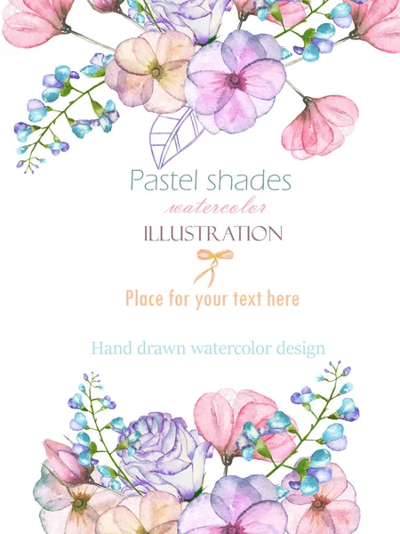 Modèle de carte postale avec aquarelle fleurs tendres et feuilles dans des tons pastel, dessiné à la main sur un fond blanc — Photo