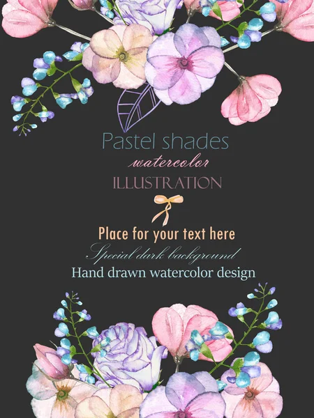 Template postcard with with watercolor tender flowers and leaves in pastel shades, hand drawn on a dark background — Stock Photo, Image