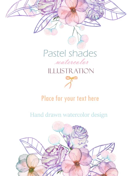 Template postcard with with watercolor tender flowers and leaves in pastel shades, hand drawn on a white background — Stock Photo, Image