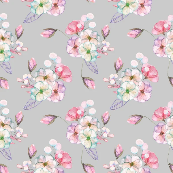 Seamless pattern with isolated watercolor floral bouquets from tender flowers and leaves in pink and purple pastel shades — Stock Photo, Image