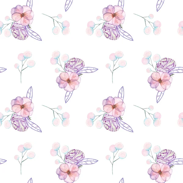 Seamless pattern with isolated watercolor floral bouquets from tender flowers and leaves in pink and purple pastel shades — Stock Photo, Image