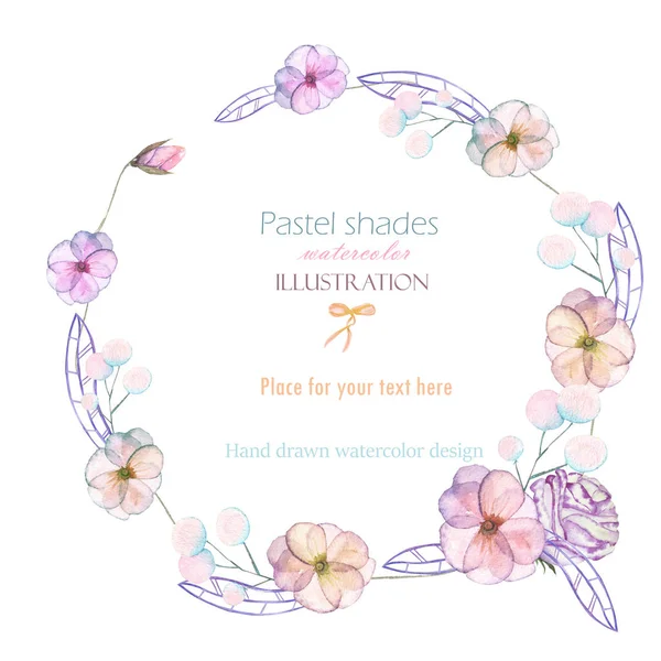 Circle frame, border, wreath with watercolor tender flowers and leaves in pastel shades