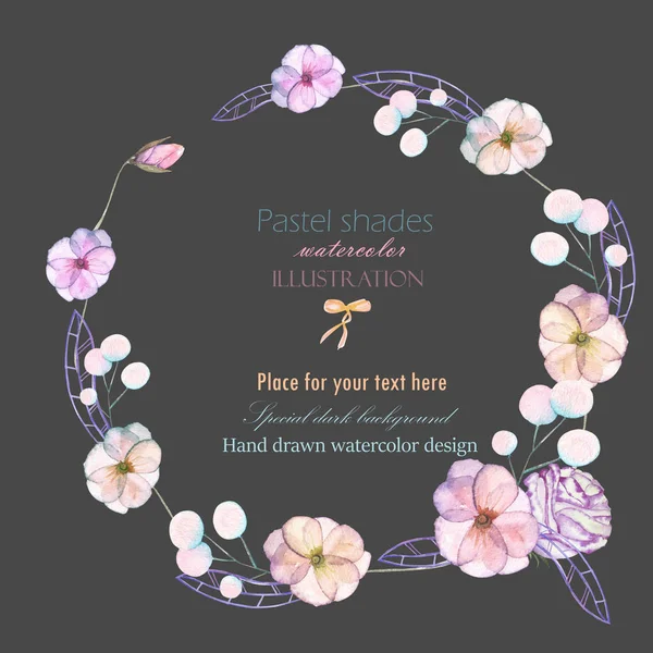 Κύκλος καρέ, σύνορα, στεφάνι με ακουαρέλα τρυφερά λουλούδια και τα φύλλα σε παστέλ αποχρώσεις — Φωτογραφία Αρχείου