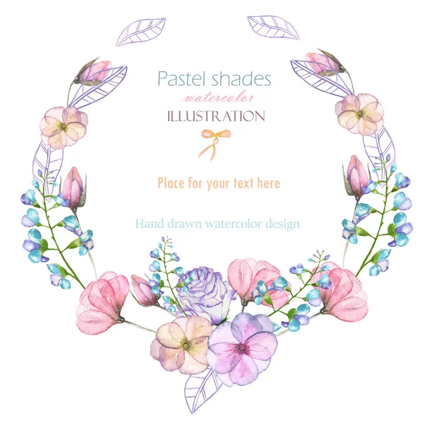 Circle frame, border, wreath with watercolor tender flowers and leaves in pastel shades