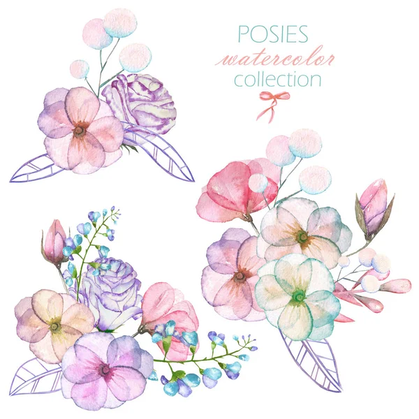 Set con mazzi di fiori ad acquerello isolati da teneri fiori e foglie in tonalità pastello — Foto Stock