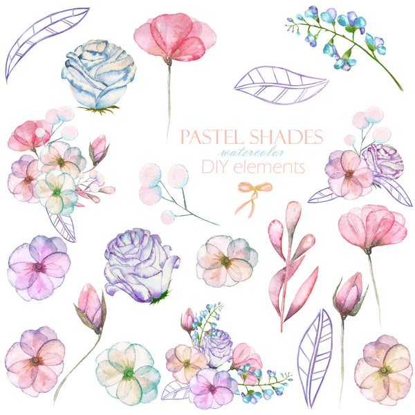 Set con ramos y elementos florales de acuarela aislados: flores tiernas y hojas en tonos pastel — Foto de Stock
