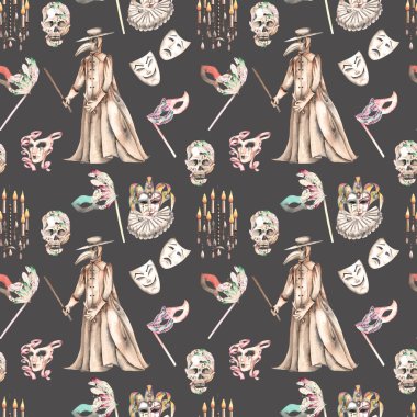 Maskeli Tema seamless modeli ile kafatasları, mumlar, plague doktor kostüm ve maskeleri Venedik tarzı ile avizeler
