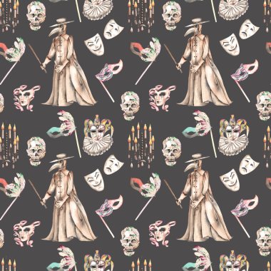 Masquerade theme seamless pattern with skulls, chandeliers with candles, plague doctor costume and masks in Venetian style clipart