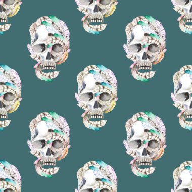 Maskeli Tema seamless modeli ile tüylü suluboya kafatasları