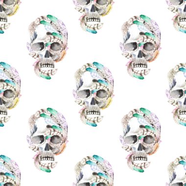 Maskeli Tema seamless modeli ile tüylü suluboya kafatasları