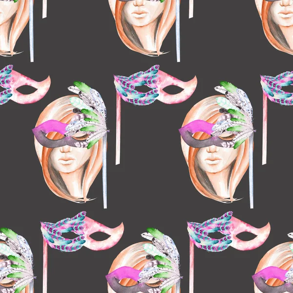 Maskerade thema naadloze patroon met vrouwelijke afbeelding gemaskerd Venetiaans — Stockfoto