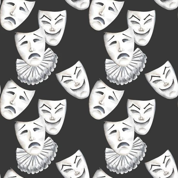 Padrão sem costura com máscaras de teatro de riso e tristeza emoções — Fotografia de Stock