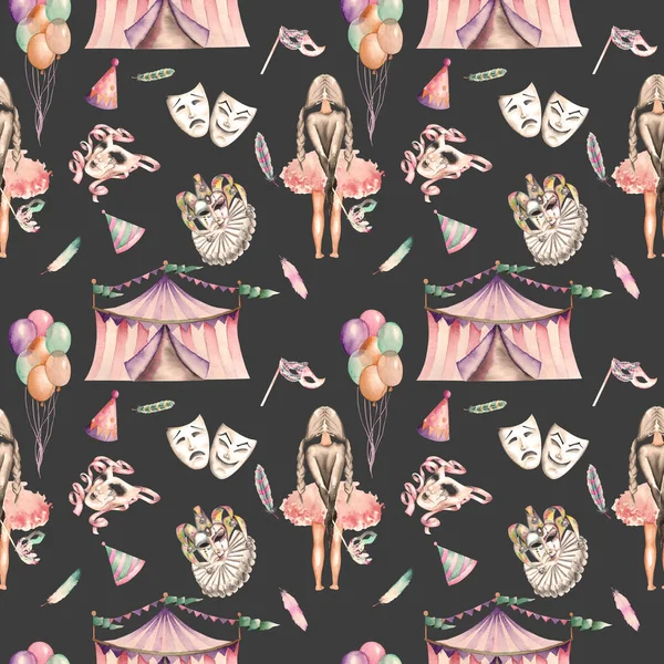 Seamless pattern with circus and masquerade elements