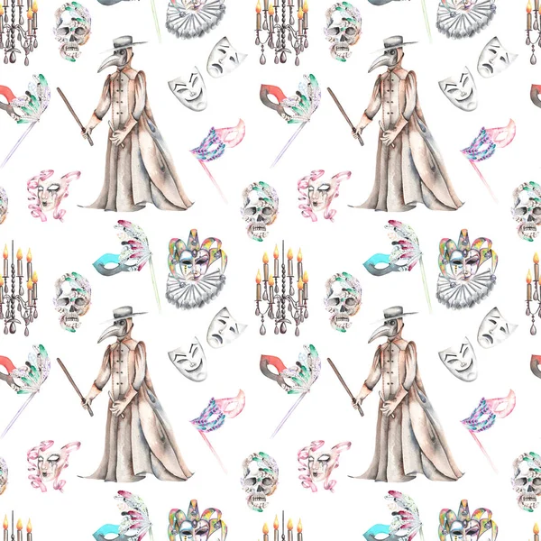 Masquerade theme seamless pattern with skulls, chandeliers with candles, plague doctor costume and masks in Venetian style — Stock Photo, Image