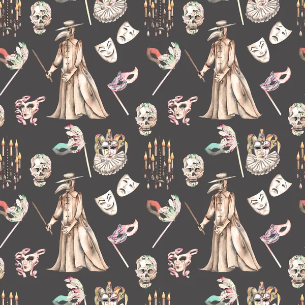 가장 무도회 테마 두개골, 양 초, 전염병 의사 의상 및 마스크 베네치아 스타일에서 샹들리에와 완벽 한 패턴 — 스톡 사진