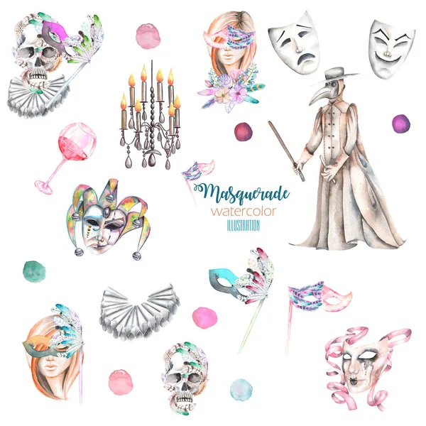 Masquerade theme set with female images in masks, design skulls in Venetian style, masks and plague doctor — Stock Photo, Image