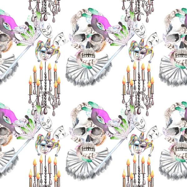 가장 무도회 테마 원활한 패턴 두개골, 베네치아 스타일에서 마스크와 촛불 샹들리에 — 스톡 사진