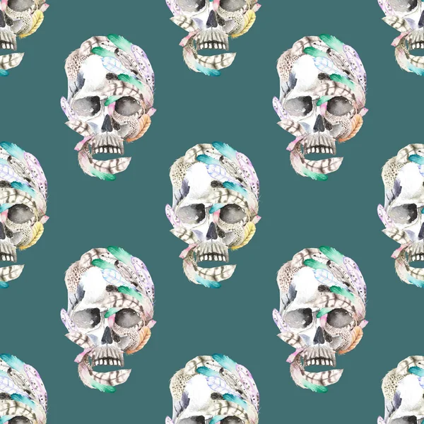 Masquerade theme seamless pattern with watercolor skulls in feathers