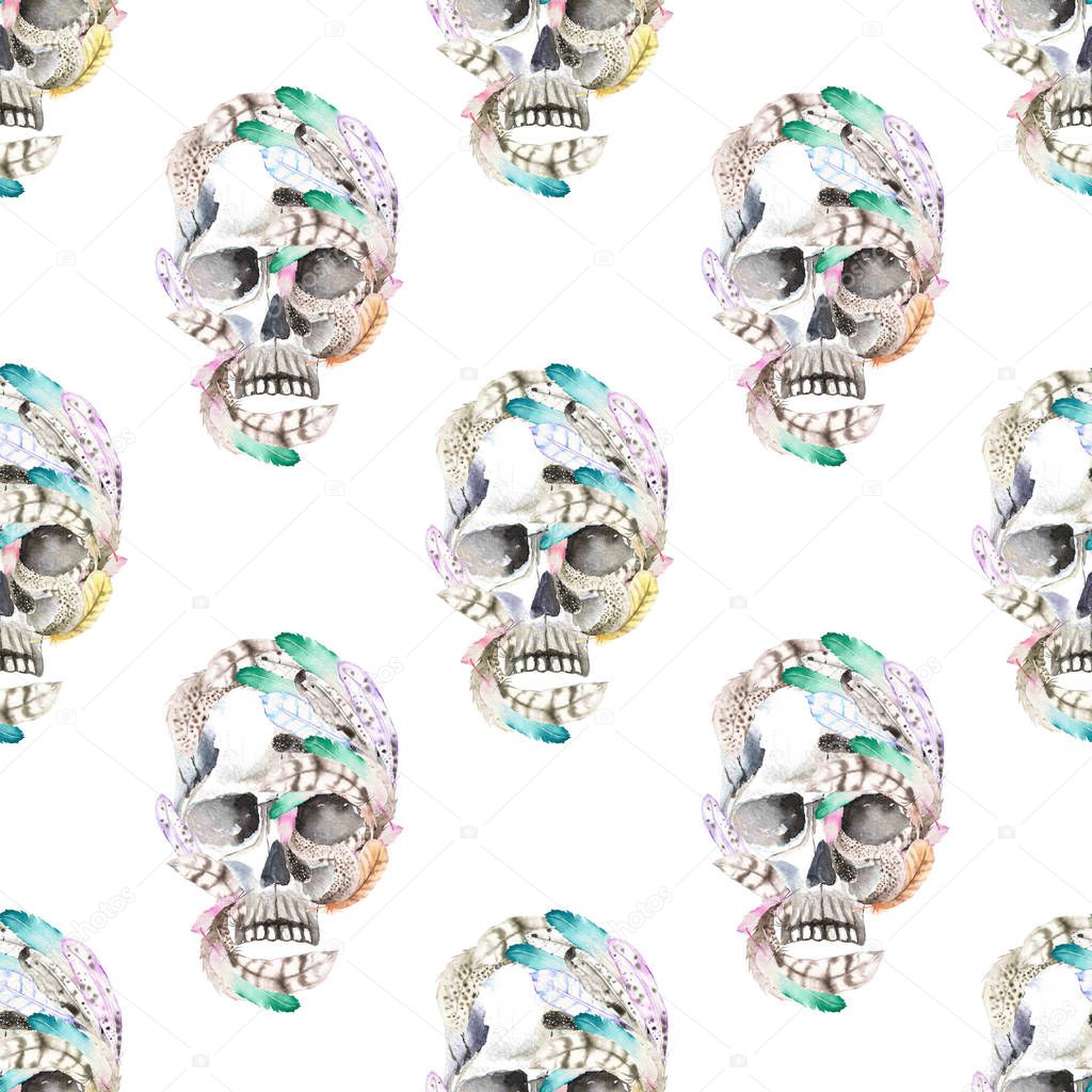 Masquerade theme seamless pattern with watercolor skulls in feathers