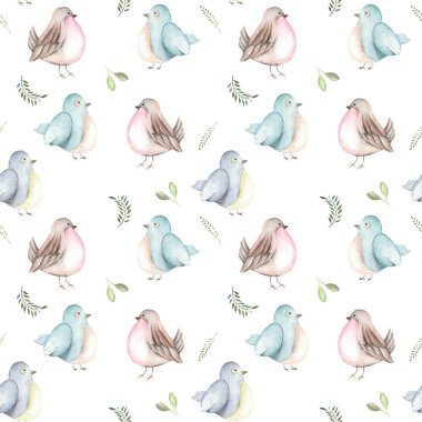 Suluboya kuş orman bitki ve seamless modeli