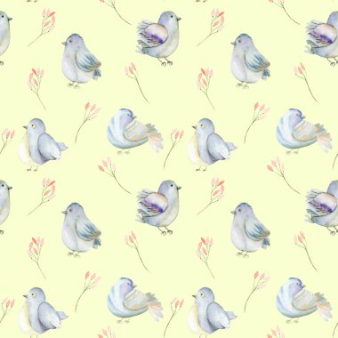 Suluboya Mavi kuşlar ve pembe çiçek dalları seamless modeli