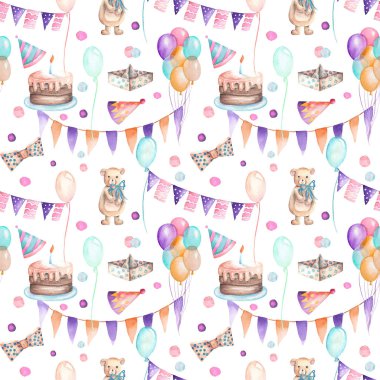 Model sorunsuz parti bayrakları, konfeti, kek çelenk ile Hava balonlar, yay ve hediyeler