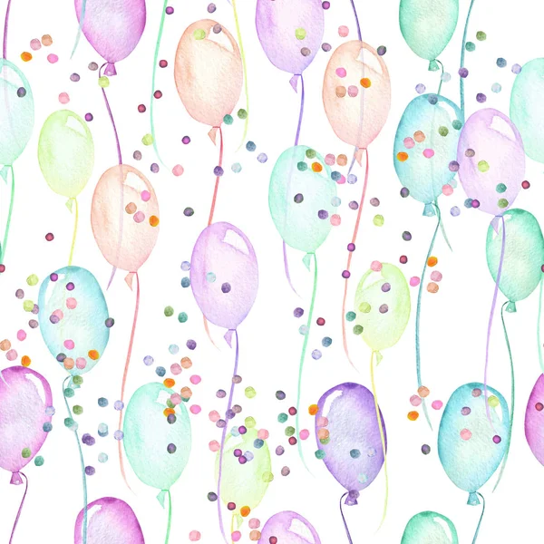 Seamless party pattern with multicolored air balloons and confetti