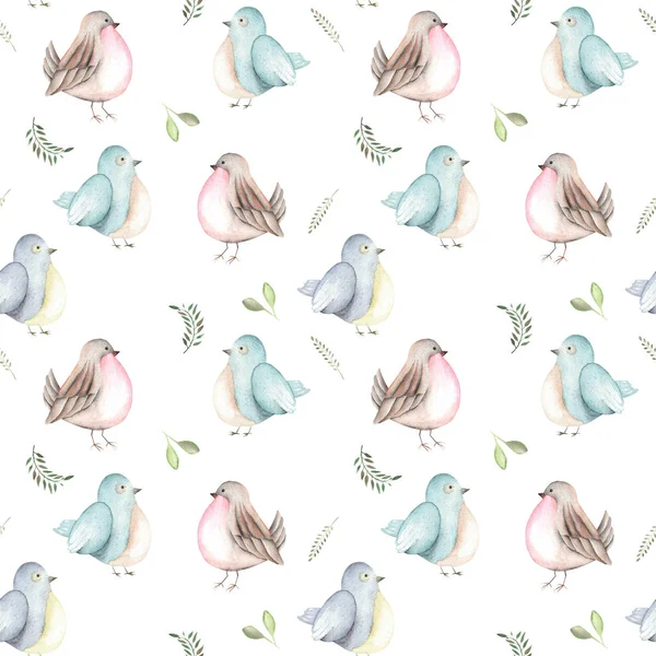 Seamless pattern of the watercolor birds and forest plants — Stock Photo, Image